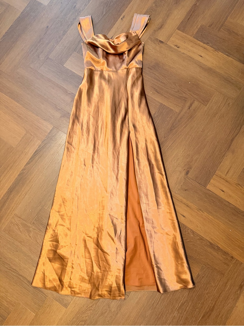 Birdy Grey Copper Satin Cowl Neck Maxi Bridesmaid Dress Size Small